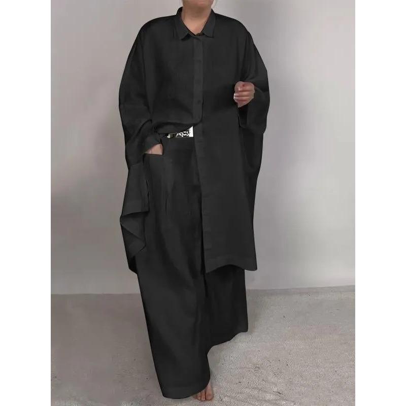 Весна и осень Повседневный свободный однотонный костюм с длинным рукавом и широкими брюками