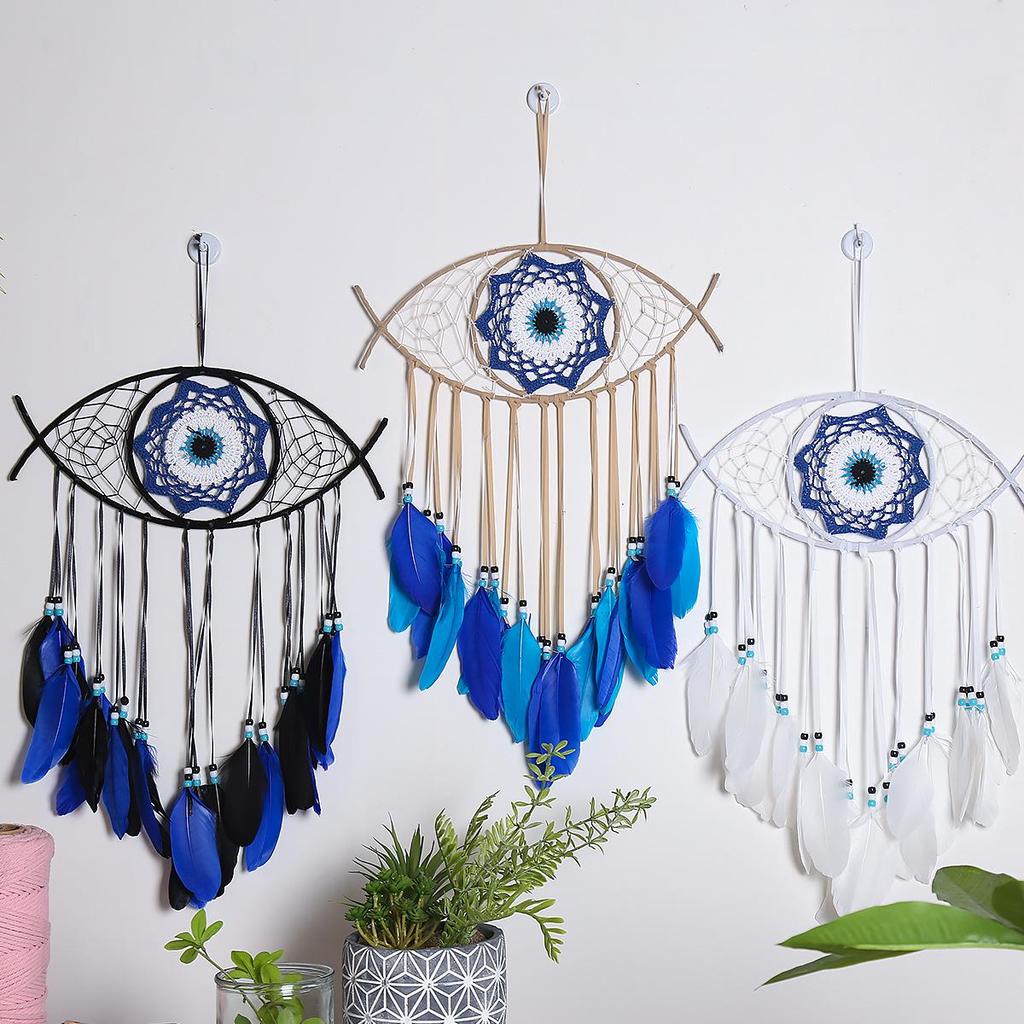 Evil Eye Feather Dream Catcher Pendant - Handmade Decorative Woven Craft