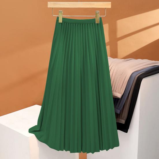 Women Pleated Skirt Elastic High Waist A-Line Long Skirt Solid Color Comfortable Fabric Versatile Skirt Daily Wear
