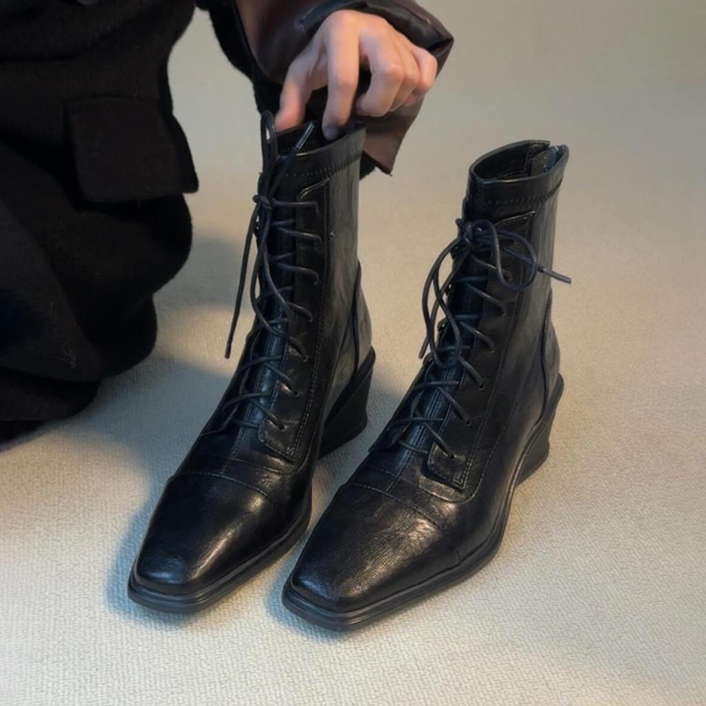 Ботильоны из вымытой коровьей кожи на танкетке, толстой подошве, увеличивающие рост, кожаные эластичные тонкие ботинки, женские ботинки из головной кожи, ретро, универсальные короткие ботинки