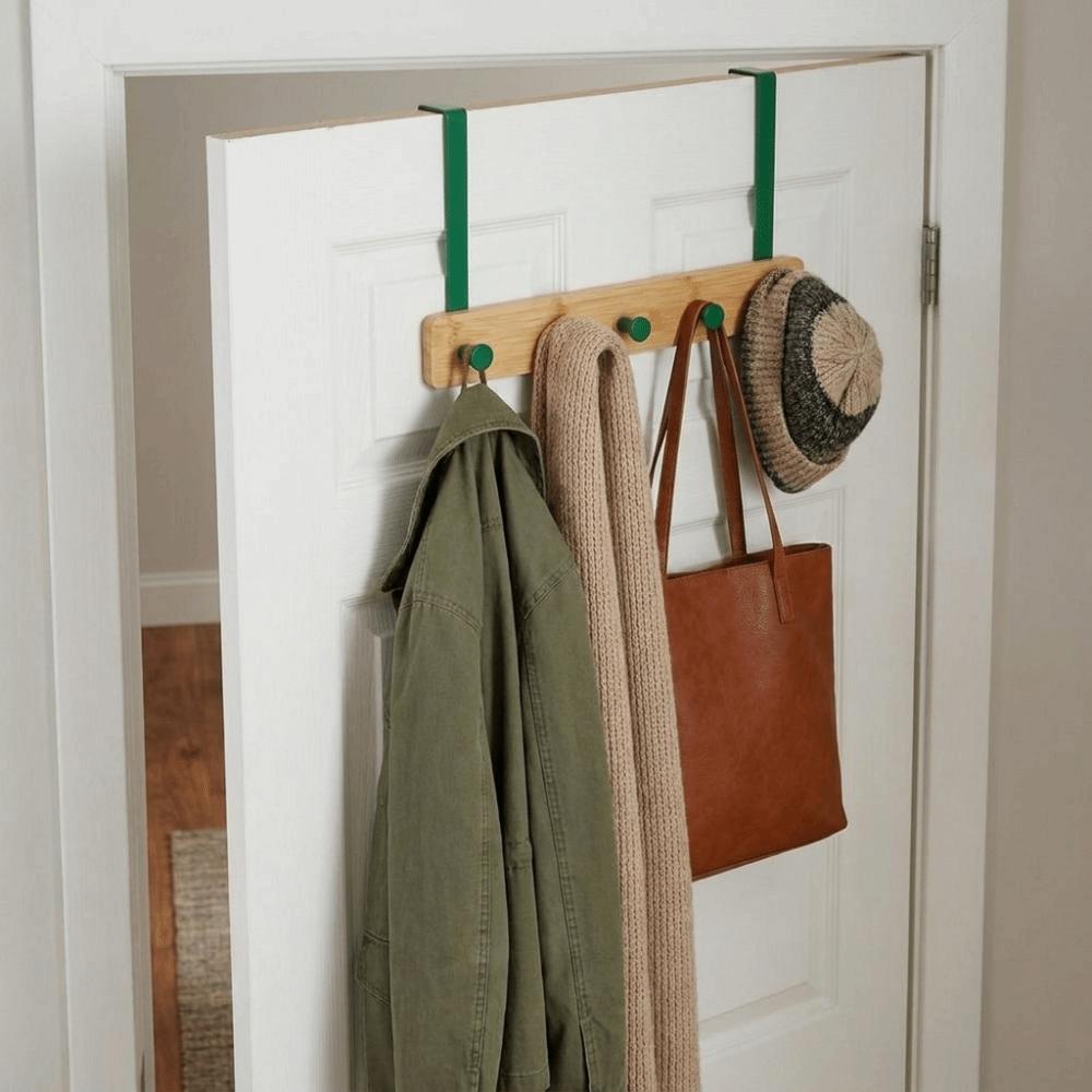 Natural Bamboo Over The Door Hooks Matte Metal Brackets Hat Hanger Clothes Rack Kitchen Storage
