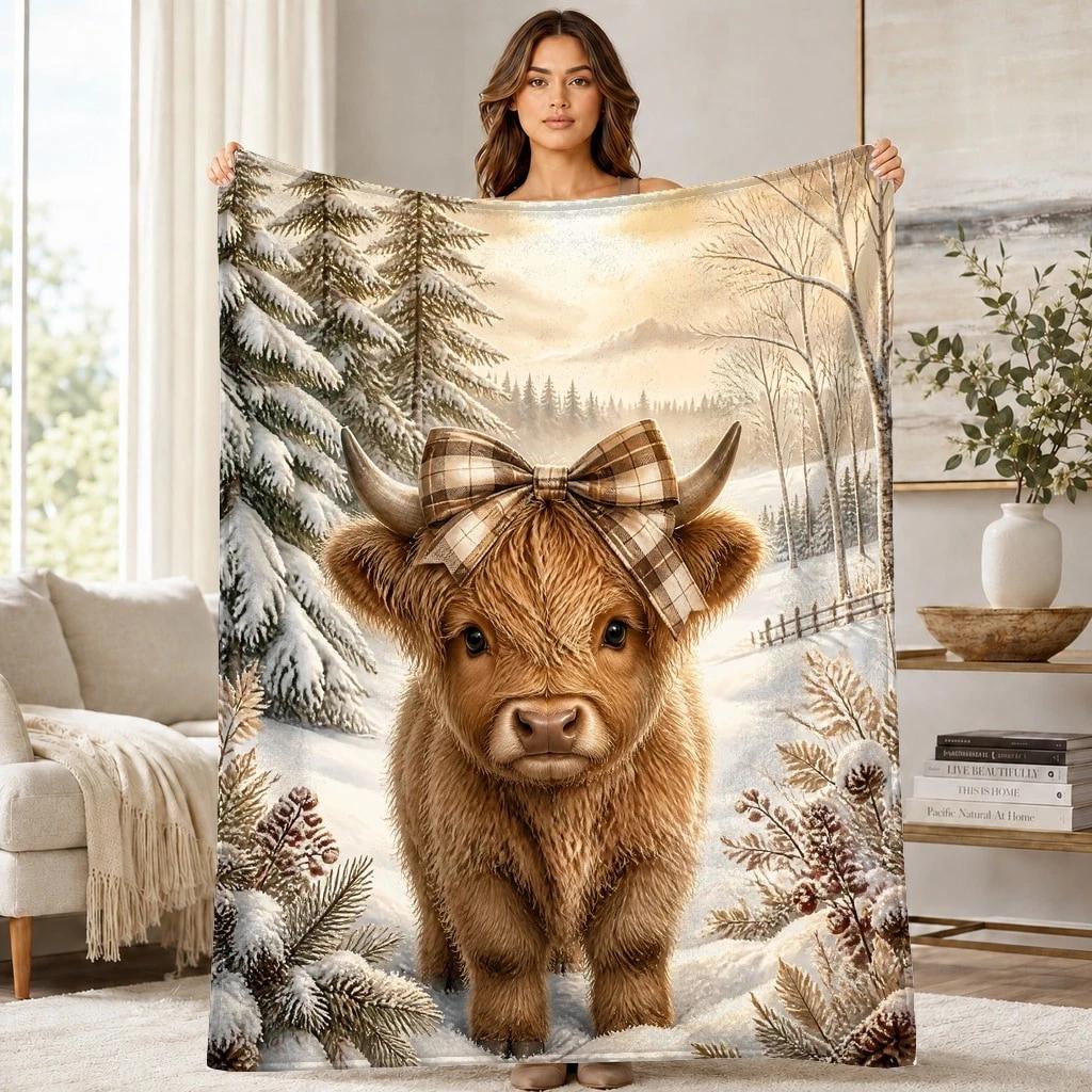 Highland Calf Plaid Bow Coral Fleece Blanket Snowy Forest Decor