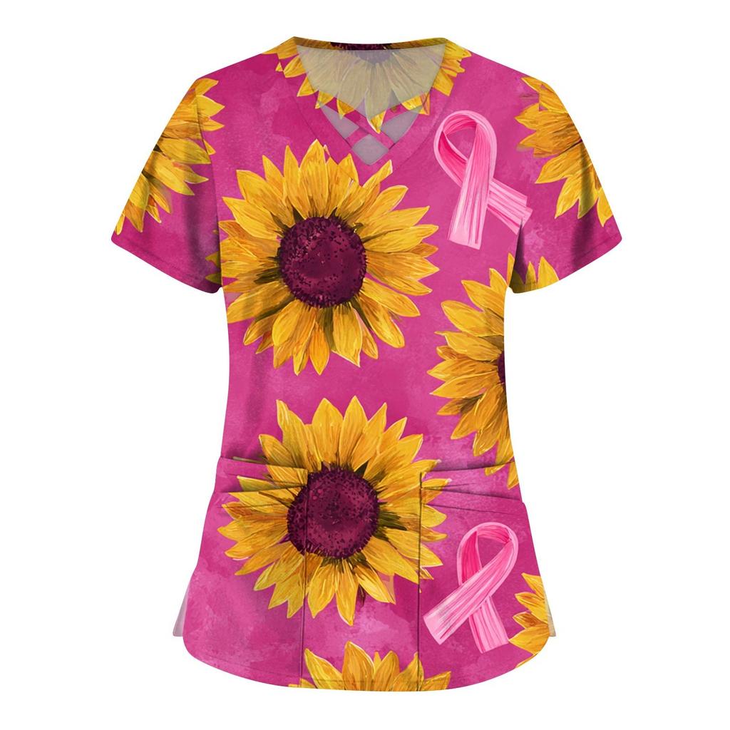 Women's Fashion V-Neck Short Sleeve Overalls Double Layer Pocket Printed Tops Apparel