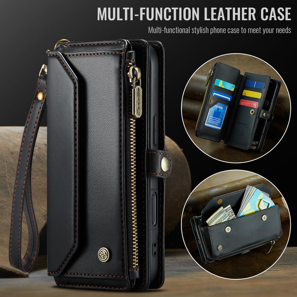 For iPhone 17 Leather Case CASEME C36 Zipper 10 Card Slots Phone Cover with Straps