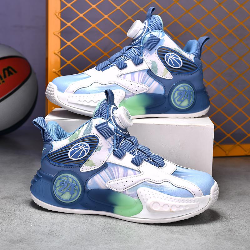 Новые баскетбольные кроссовки для мальчиков Детская обувь из кожи для тренировок, профессиональная спортивная обувь с вращающимися кнопками, боевые ботинки