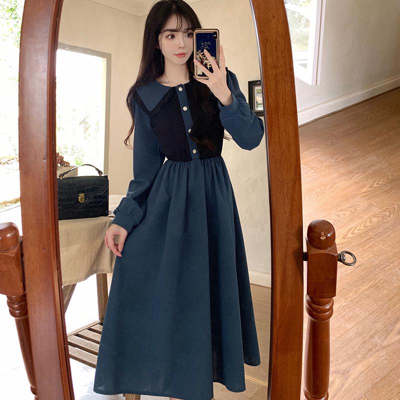 Korean Style Contrast Color Dress: Versatile, Fashionable, Comfortable Long Skirt for Spring & Autumn 2025