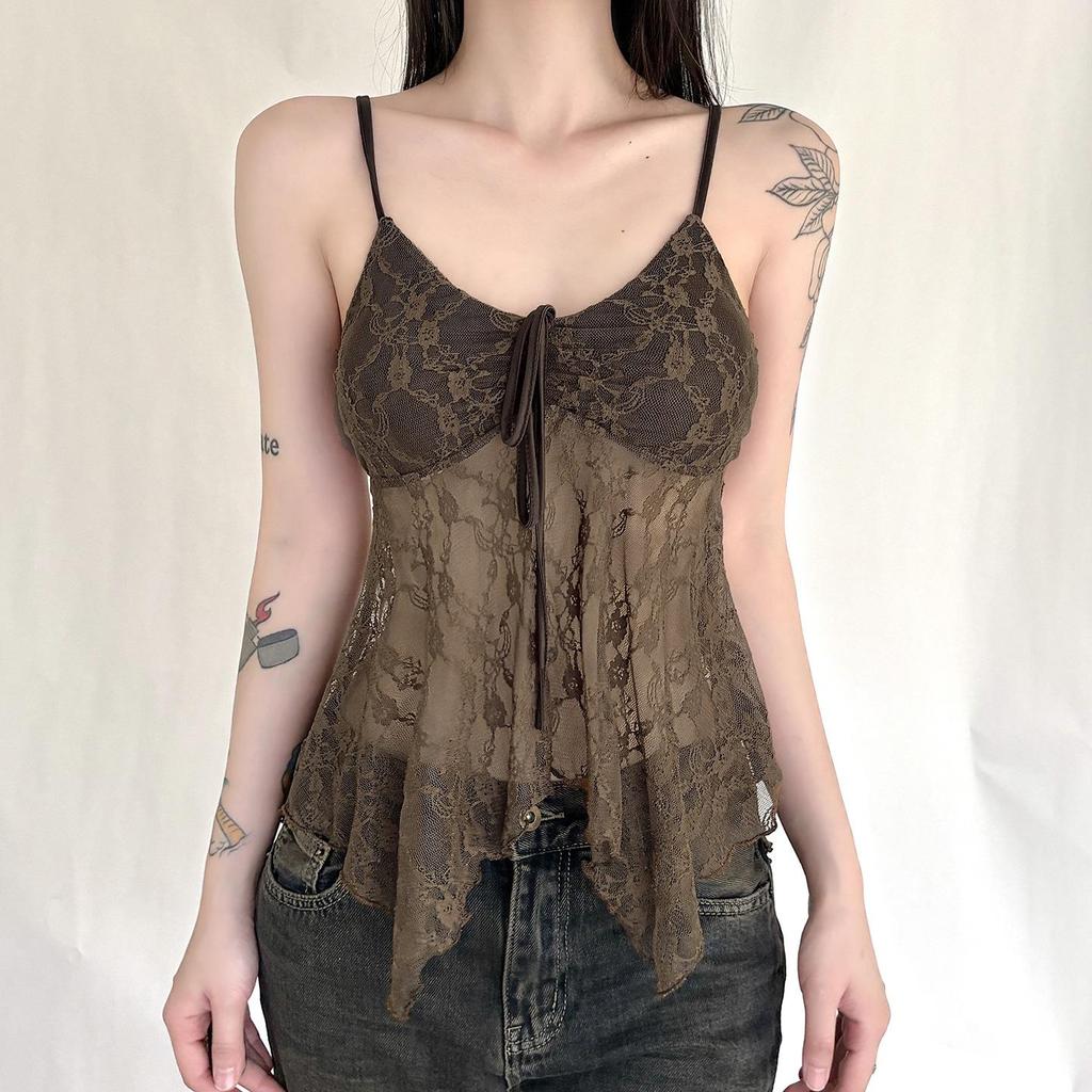 Sexy Sheer Lace Camisole with Irregular Hem and Open Back - Women's Summer Base Layer Tank Top