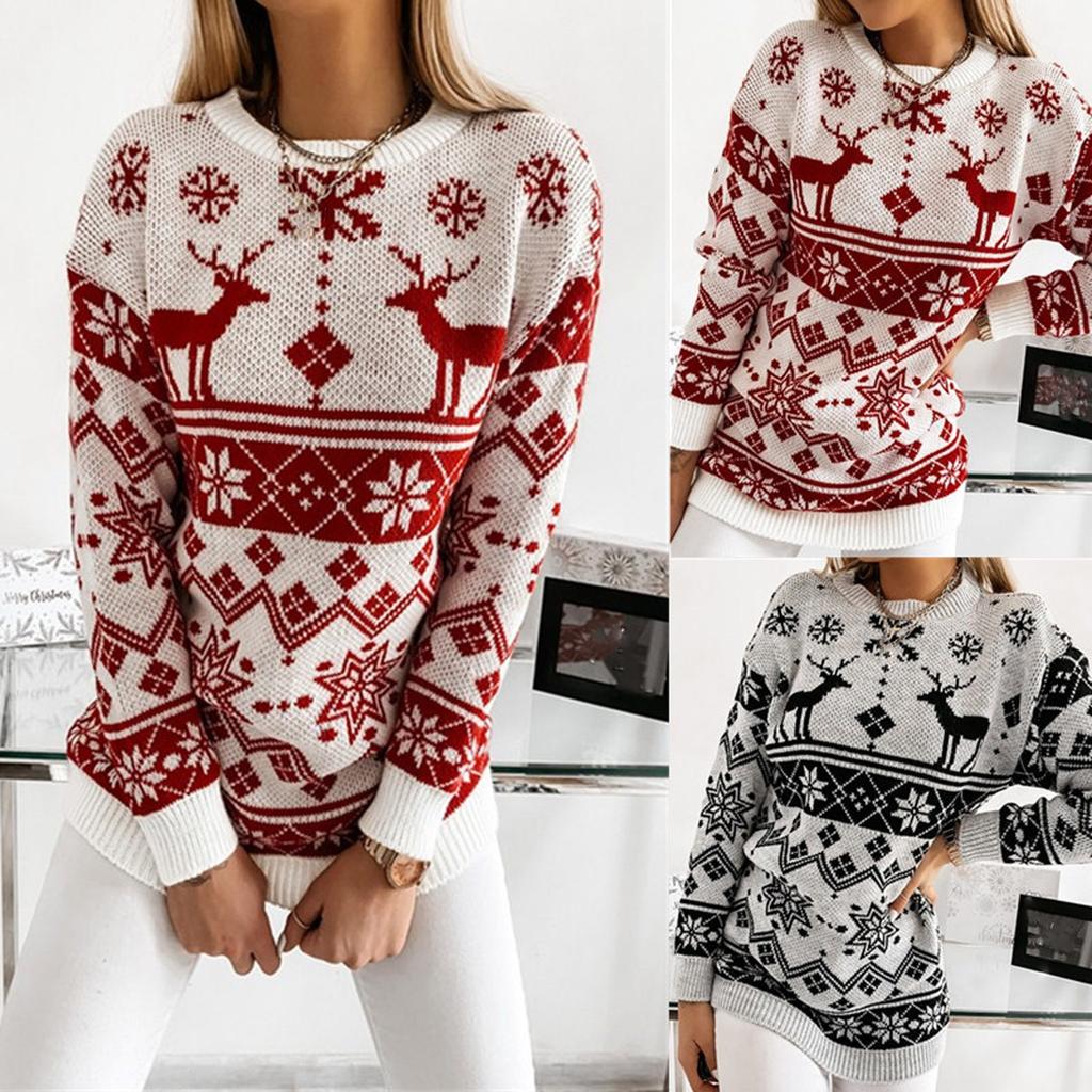 Women's Fashion Winter Christmas Knitted Long Sleeve Round-Neck Sweater