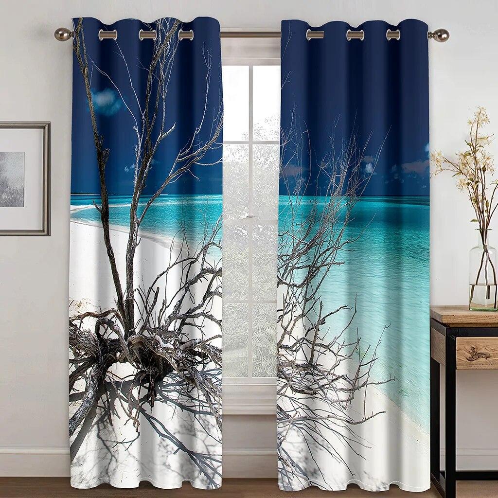 Cheap 3D Printing Sea Semi Sunshade Curtain Thin Polyester Beach Scenery For Bedroom Living Room Home Hook Decor