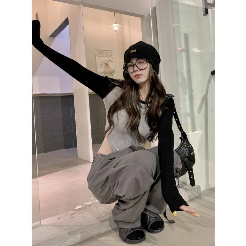 Американская нерегулярная короткая футболка для женщин, осенняя новинка, горячая, для девочек, с длинными рукавами, облегающая нижняя часть рубашки, верхняя часть