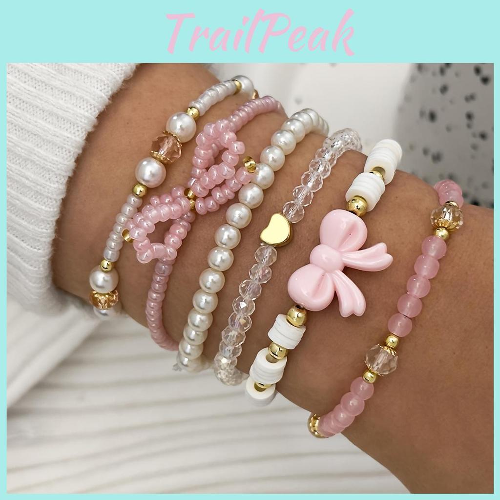 Cute 6pcs Bracelet Cute Beaded Sexy Glass Bead Imitation Pearl Soft Clay Handmade Positioning Beaded Stacking Bracelet Set Pink Series