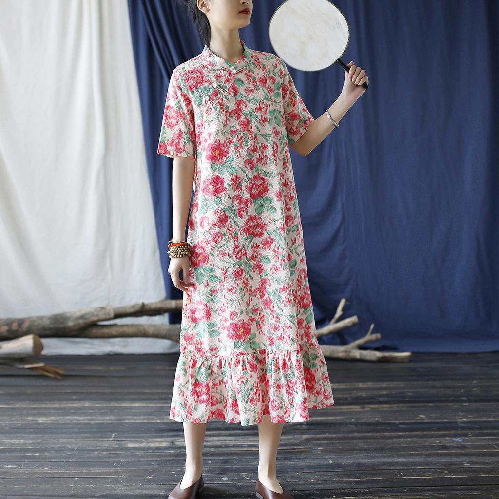 Johnature Женское платье трапециевидной формы в китайском стиле с коротким рукавом и цветочным принтом, летние винтажные хлопковые женские платья