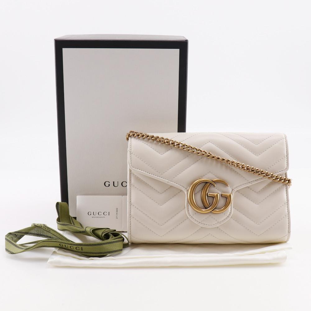 Gucci Кошелек на цепочке GG Marmont 474575 Цепочка на плечо 2-сторонний клатч Белая телячья кожа Женский Б/У