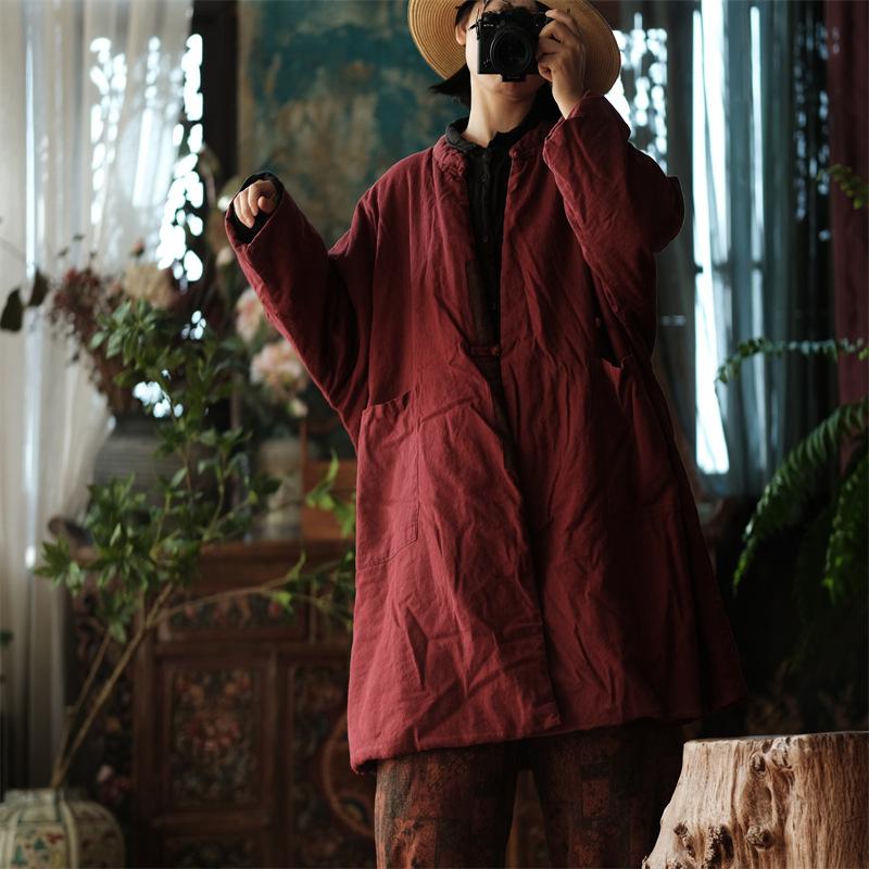 Johnature Women Chinese Style Stand Winter Parkas Solid Color Patchwork Pockets Coats Long Sleeve Button Vintage Parkas