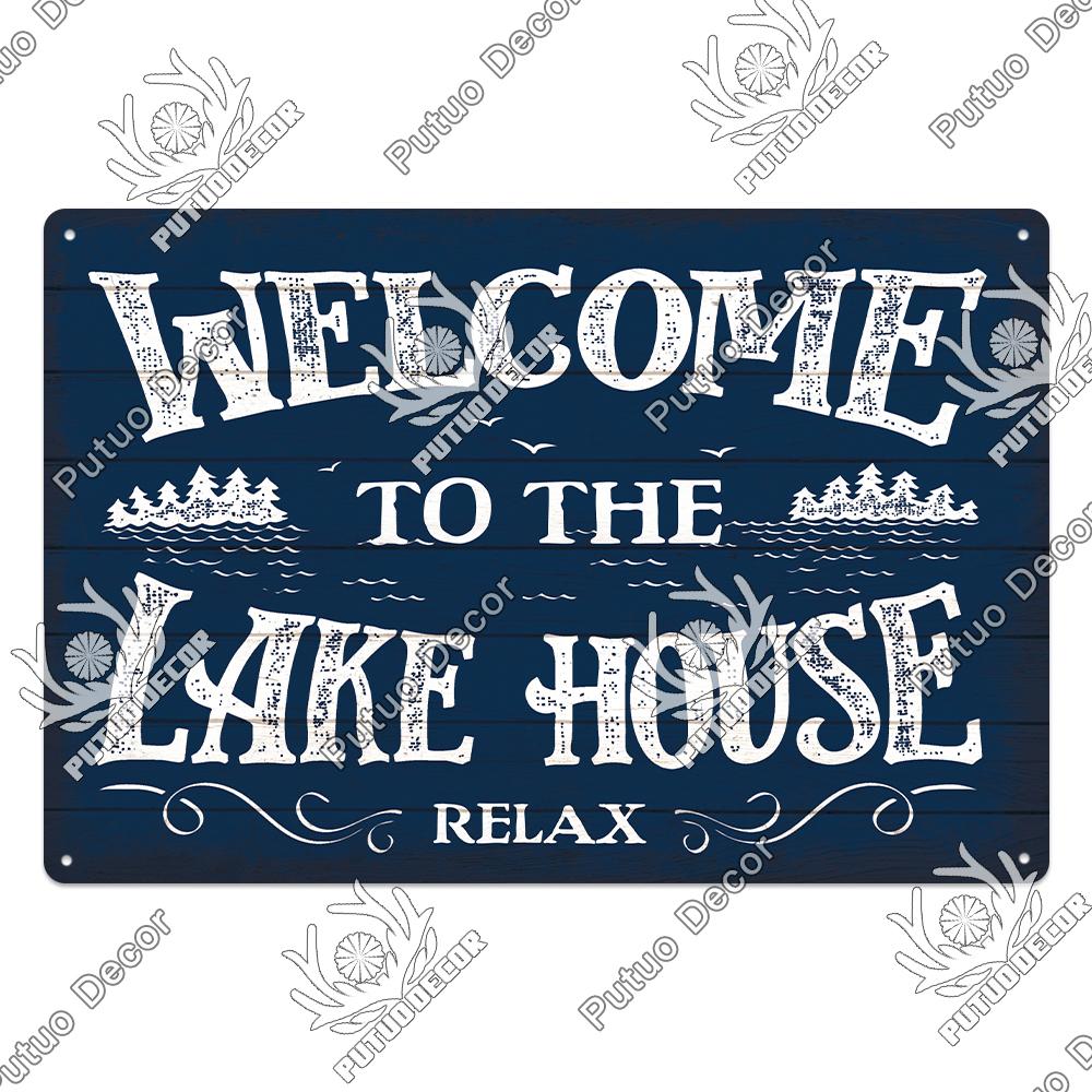Putuo Decor Винтажные жестяные таблички «Дом у озера», деревенская табличка, металлическая пластина, настенный декор для гостиной, кухни и прихожей, постеры