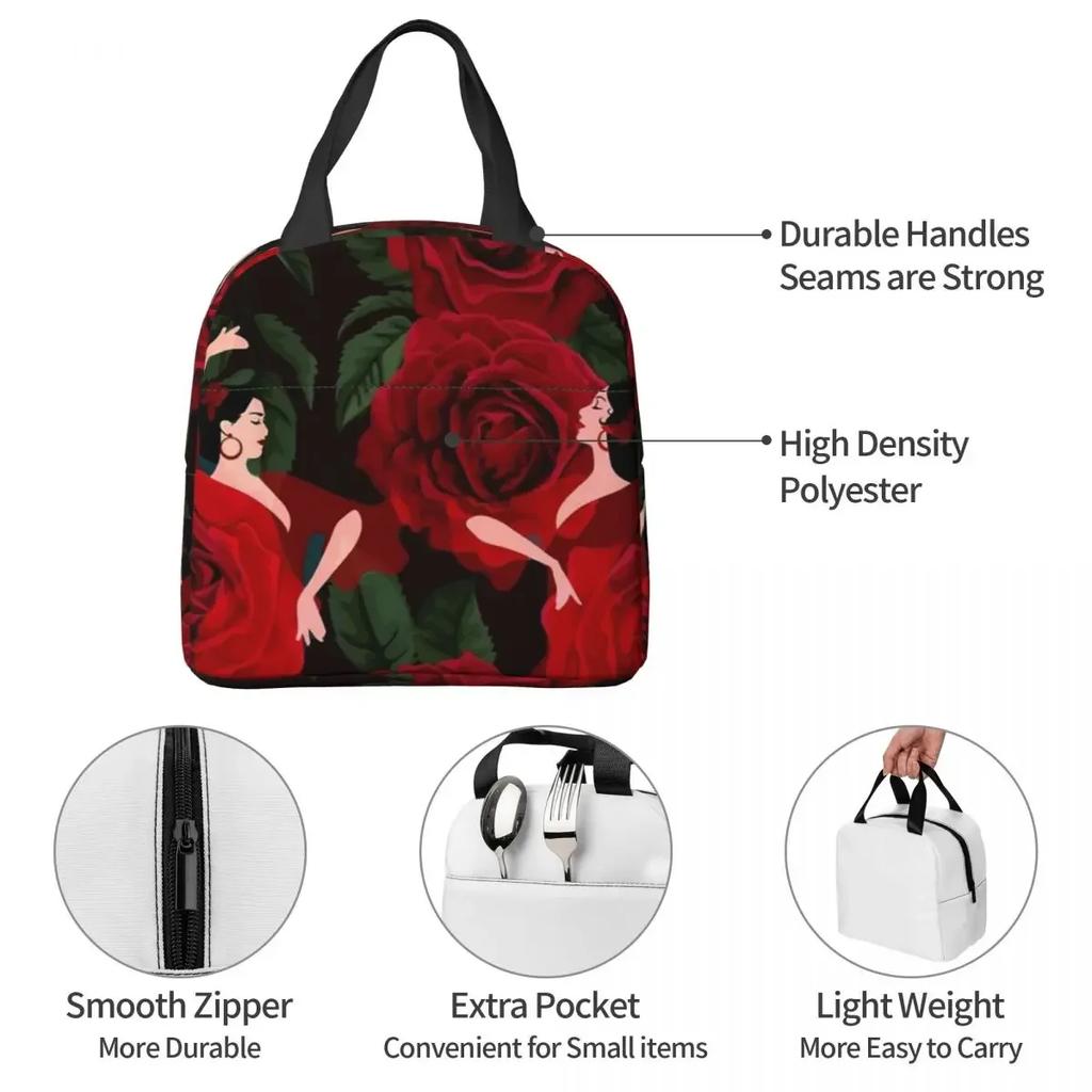 Lunch Bag for Men Women Flamenco Roses Insulated Cooler Portable Picnic Work Dancer Dance Spain Spanish Oxford Tote Handbags