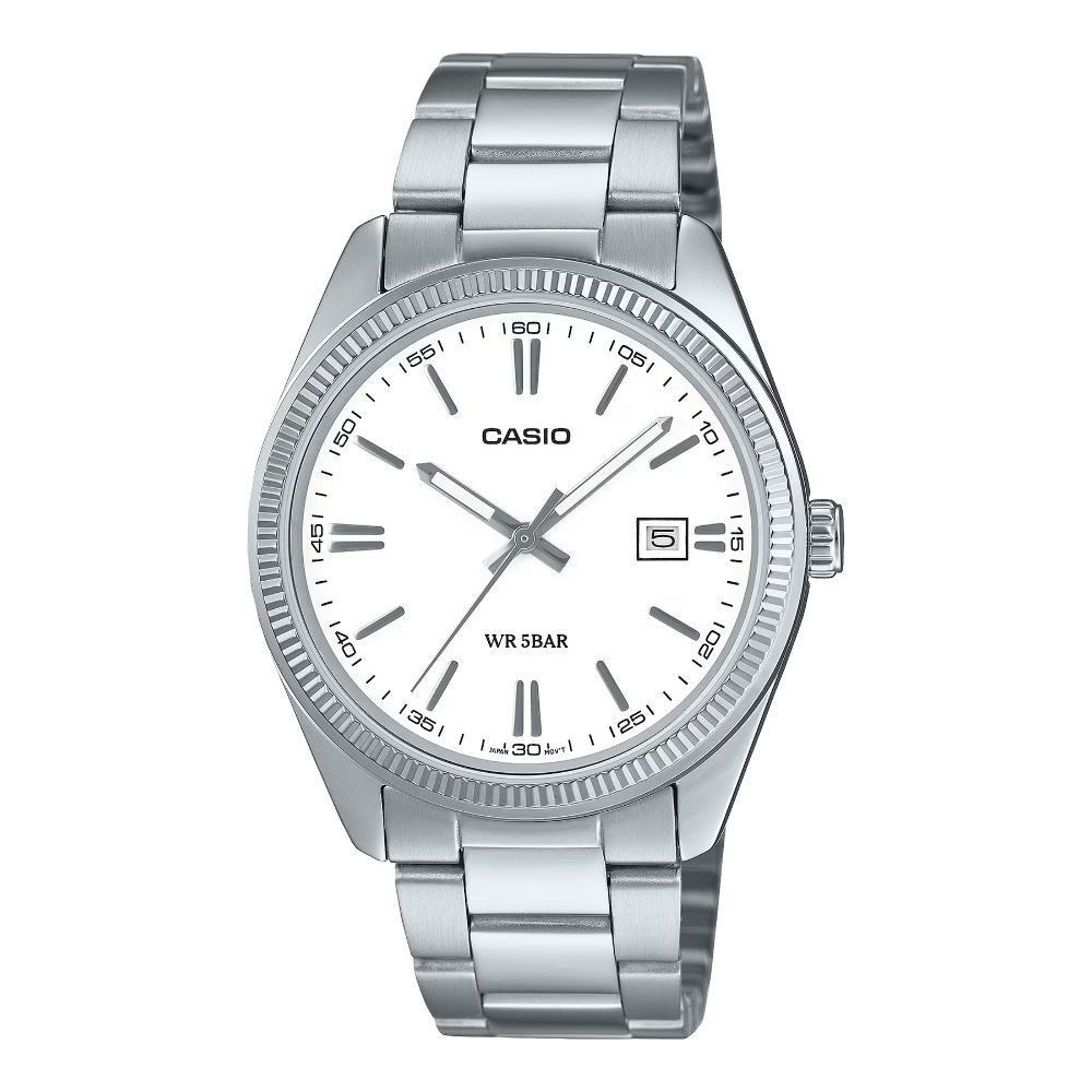 CASIO simple analog white and silver stainless for special occasions like coming of or school men's watch, design, steel. age