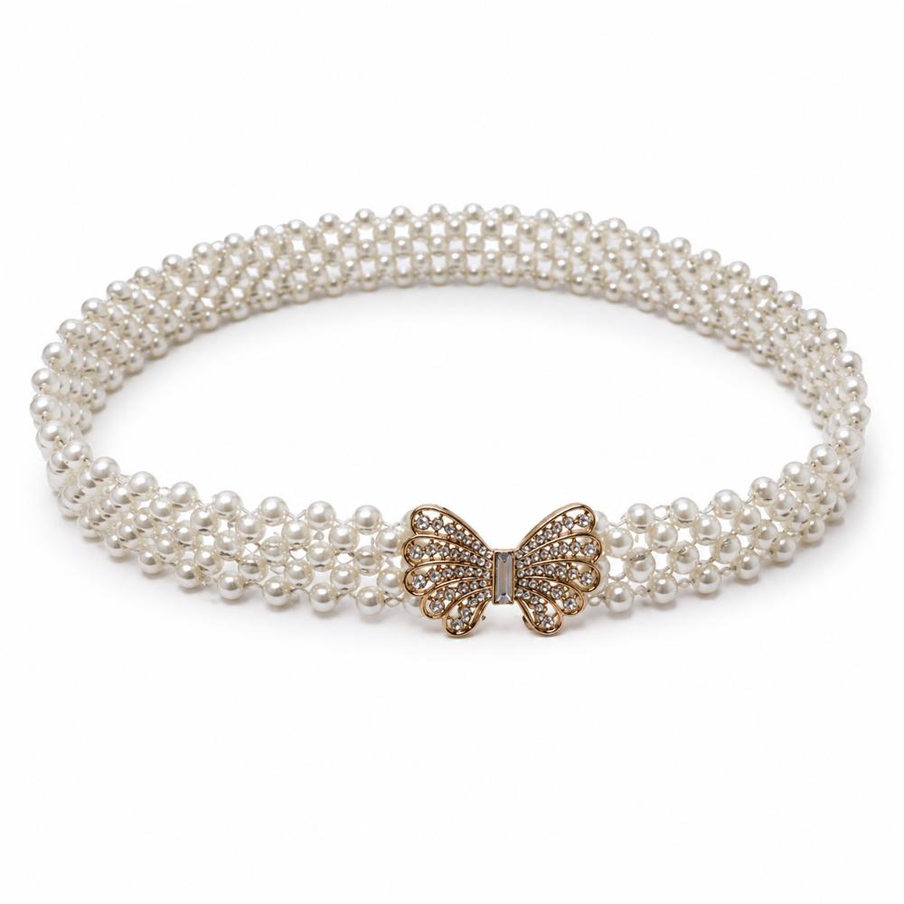 White Imitation Pearl Elastic Belt Metal Waist Chain New Beaded Belt Party Accessories