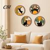 Wooden Cat Wall Art 4Pcs 3D Boho Decoration, Round Hangings, Animal Star Sun Moon Healing Night Decor Botanical Decor, Layered Wood Plaque for Living