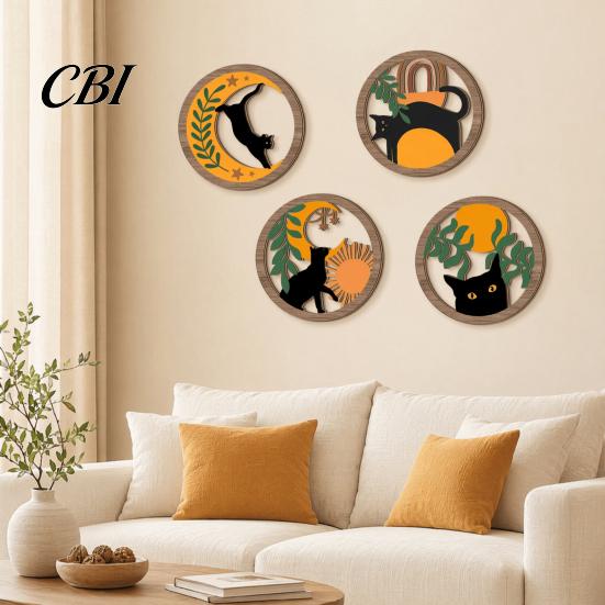 Wooden Cat Wall Art 4Pcs 3D Boho Decoration, Round Hangings, Animal Star Sun Moon Healing Night Decor Botanical Decor, Layered Wood Plaque for Living