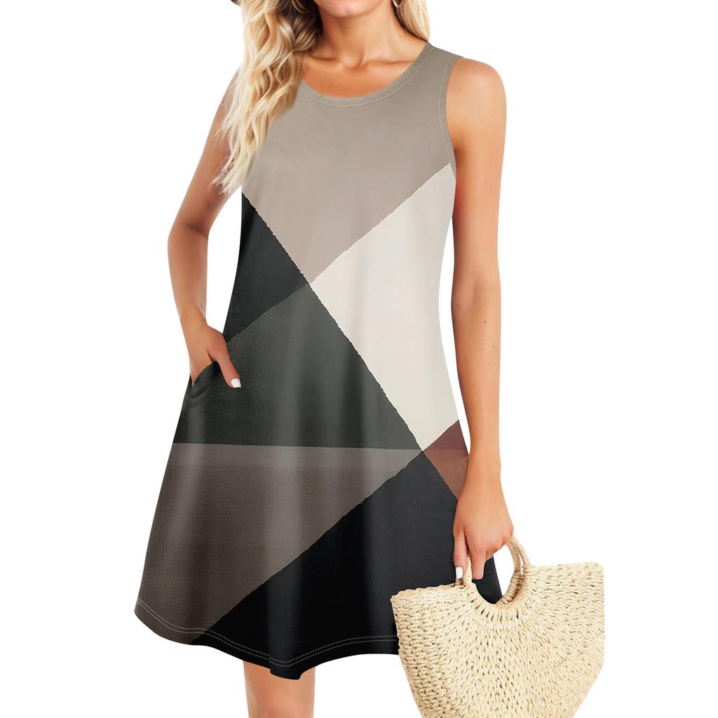 Летние платья для женщин Пляжный Бохо без рукавов Винтажный принт Футболка с карманами Сарафаны-майки