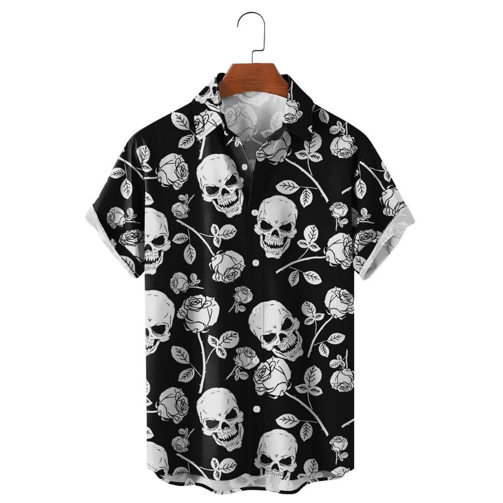 Модные мужские рубашки с цветочным принтом в виде черепа, забавный 3D-принт черепа, уличная одежда, футболки с коротким рукавом, гавайские рубашки с принтом на лацканах для мужчин