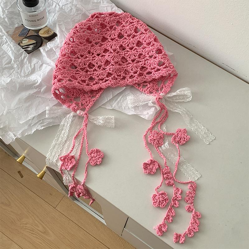 Ethnic Style Hollow Lace Fringed Bag Head Hat Women'S Spring And Summer Thin Knitted Pullover Hat Retro Literary And Artistic Show Small Face
