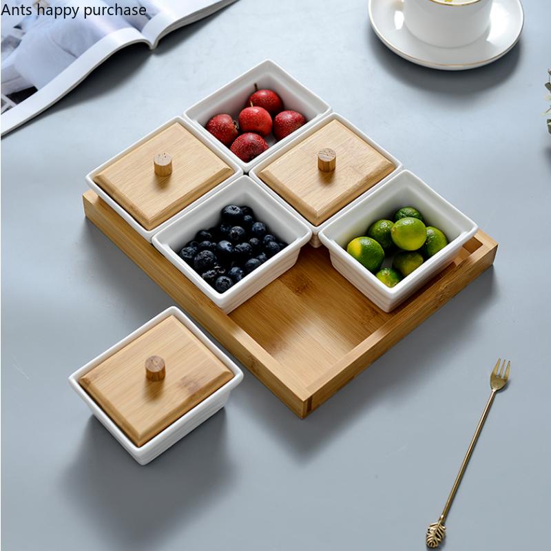 Белая керамическая тарелка для закусок Поднос для закусок Деревянная крышка Стеклянная крышка Деревянные поддоны Набор тарелок для закусок Сухофрукты Фруктовая чаша Поднос для конфет