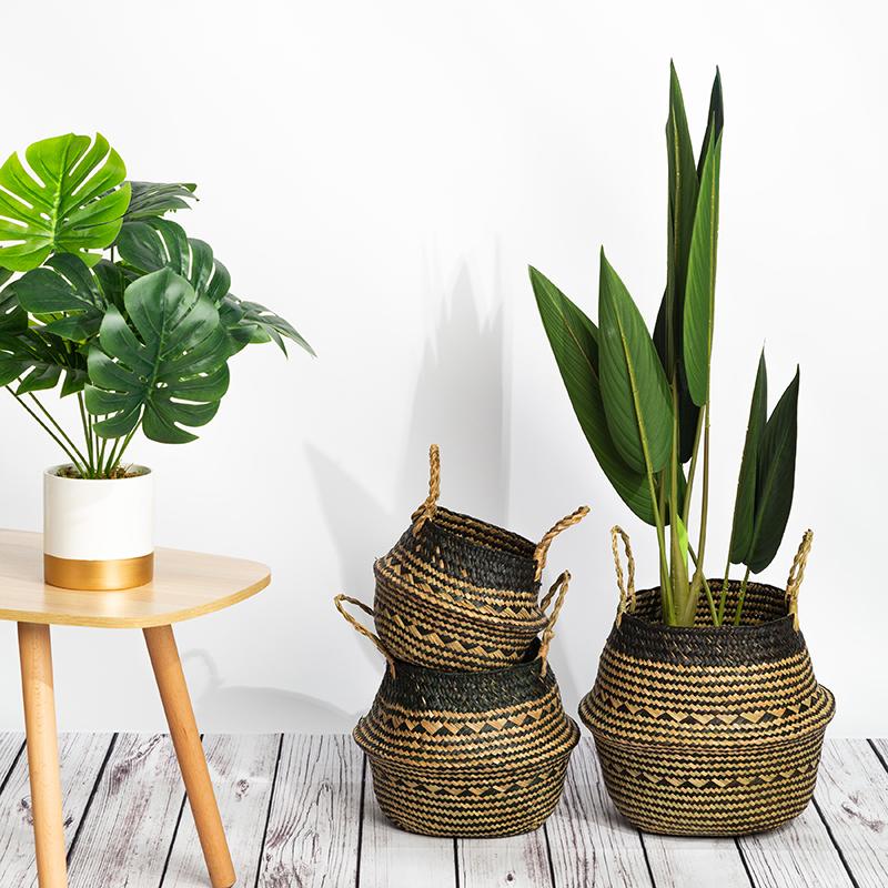 Seagrass Belly Basket with Handles Multipurpose Wicker Storage Basket Laundry Garden Decorative Storage Organizer