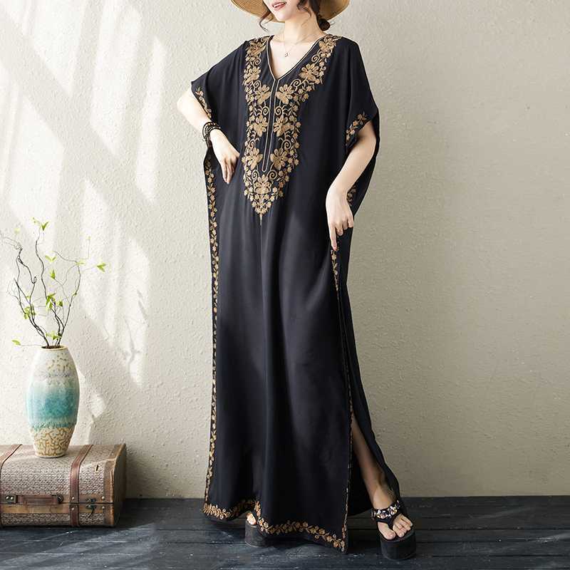 Женские платья больших размеров с вышивкой, длинные, летние, с V-образным вырезом, винтажное пляжное, бохо-праздничное платье