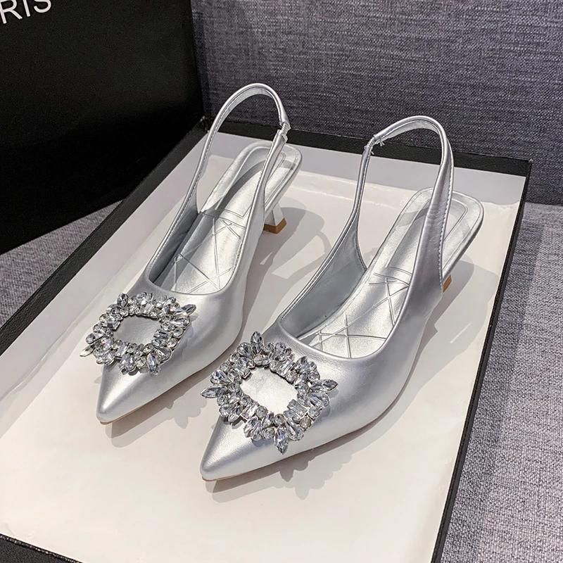 Модные летние туфли на каблуке для женщин, украшенные стразами, с острым носком, на тонком каблуке, женские туфли с открытой пяткой, сексуальные туфли для вечернего платья, женские туфли на высоком каблуке