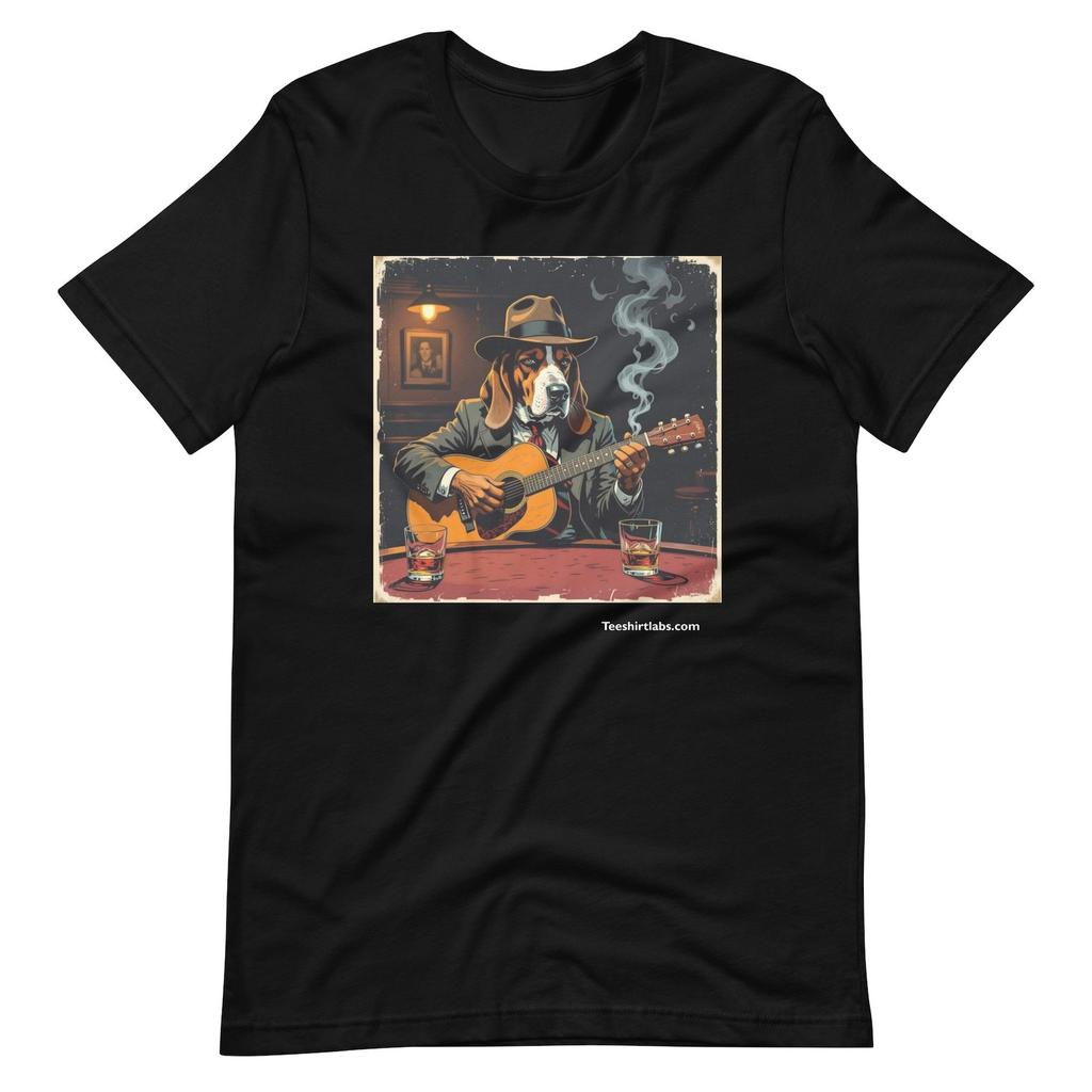 Bluesy hound dog guitar player noir Unisex t-shirt. Music fan shirt