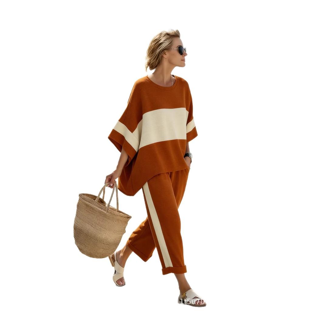 1116 Ladies Crew Neck Bohemian Print Casual Suit