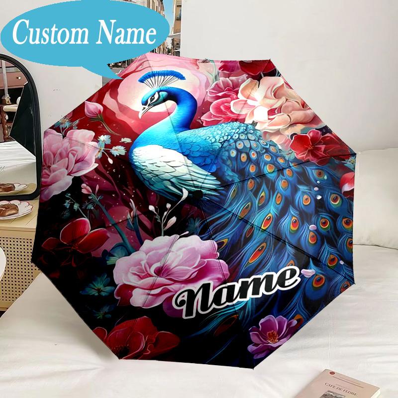 Custom Name Umbrella Peacock Flowers Romance Umbrella 8-Frame for Travel, Camping, Casual Lightweight Portable, Essential for Family Gifts
