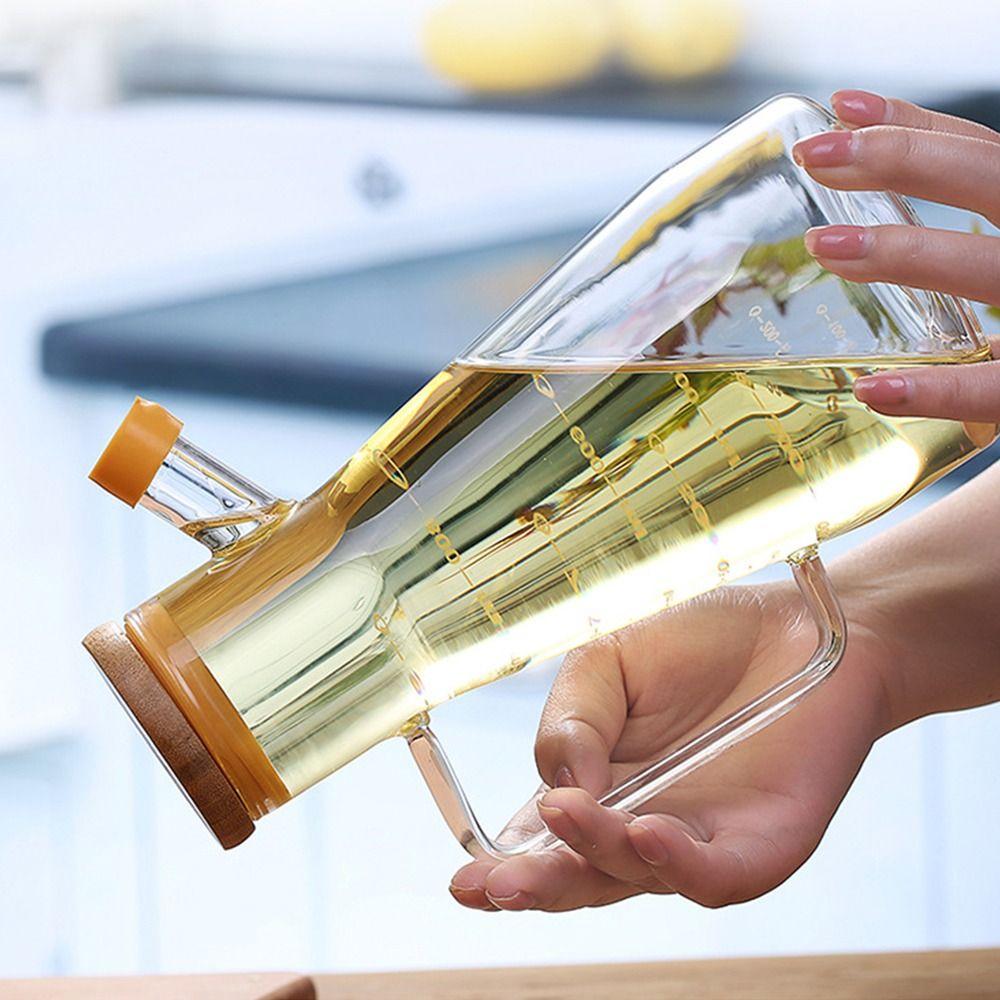 900/1000 мл Прозрачная бутылка для масла с крышкой, ручкой, шкалой, жаростойкая стеклянная масленка, емкость для уксуса, дозатор для масла, кухонные инструменты