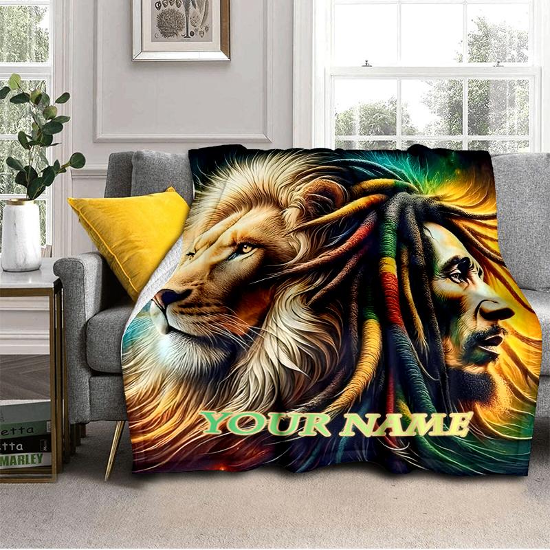 1PC Custom Name Lion Rasta Spirit flannel blanket versatile,all-season throw suitable for the living room,bedroom,camping,travel,and gift