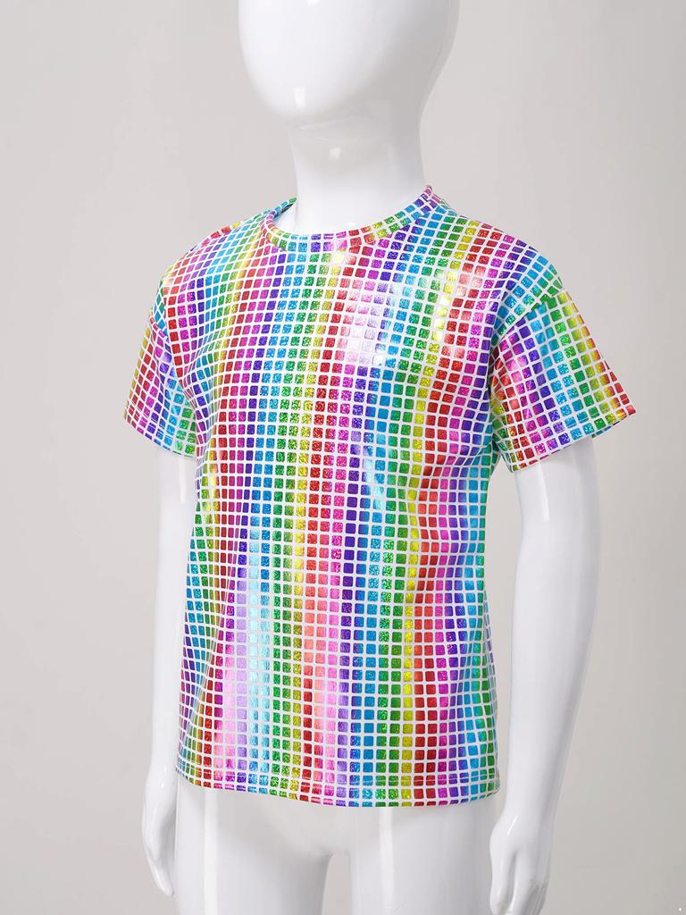 Мальчики Девочки Блестящая Клетчатая Футболка Унисекс Детские Футболки с Коротким Рукавом Топы Чирлидинг Уличные Танцы Хор Сценическое Выступление