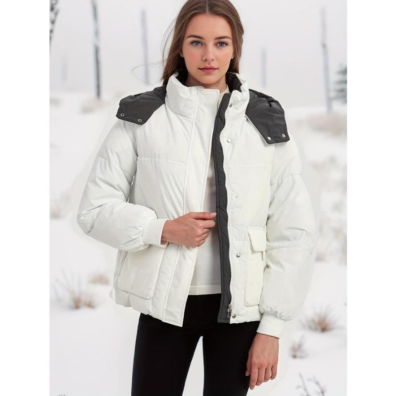 Women Autumn Winter Hooded Padded Warm Color Block Short Cotton Coat