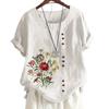 Womens Linen Cotton Casual Tee with 6 Colorful Floral Print Patterns, Round Neck, Short Sleeves S-5XL