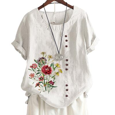 Женская повседневная футболка из льна и хлопка с 6 яркими цветочными узорами, круглым вырезом, короткими рукавами, S-5XL