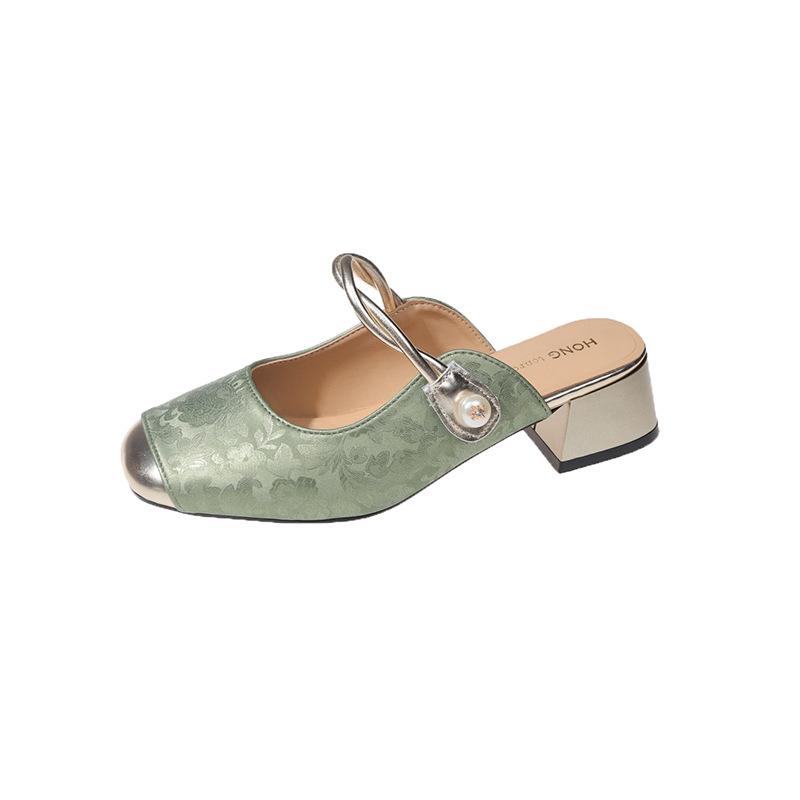 Beautiful Bag Head High-heeled Slippers Women's Summer Wear Pearl Thick Heel with Skirt Slippers