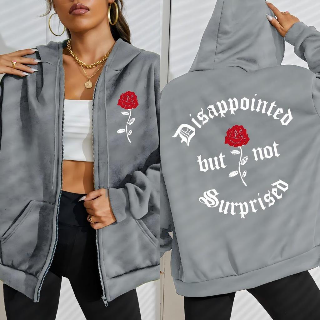 Disappointed But Not Surprised Rose Flower Print Zipper Hoodie Woman All-Match Hoody Autumn Pocket Clothes Loose Fleece Top