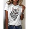 Animal Series 3D Printed Men's Women's Short Sleeved T-shirt with Cracked Cat Round Neck