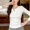 Chic Design Sense Button Long Sleeve T-shirt Women's New Autumn and Winter Semi-open Collar Pure Cotton Top