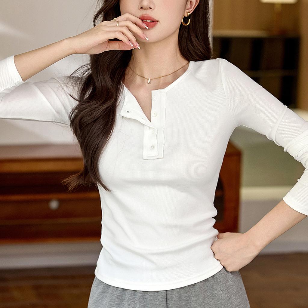 Футболка с длинным рукавом Chic Design Sense Button, женская, новая, осенне-зимняя, с полуоткрытым воротником, из чистого хлопка