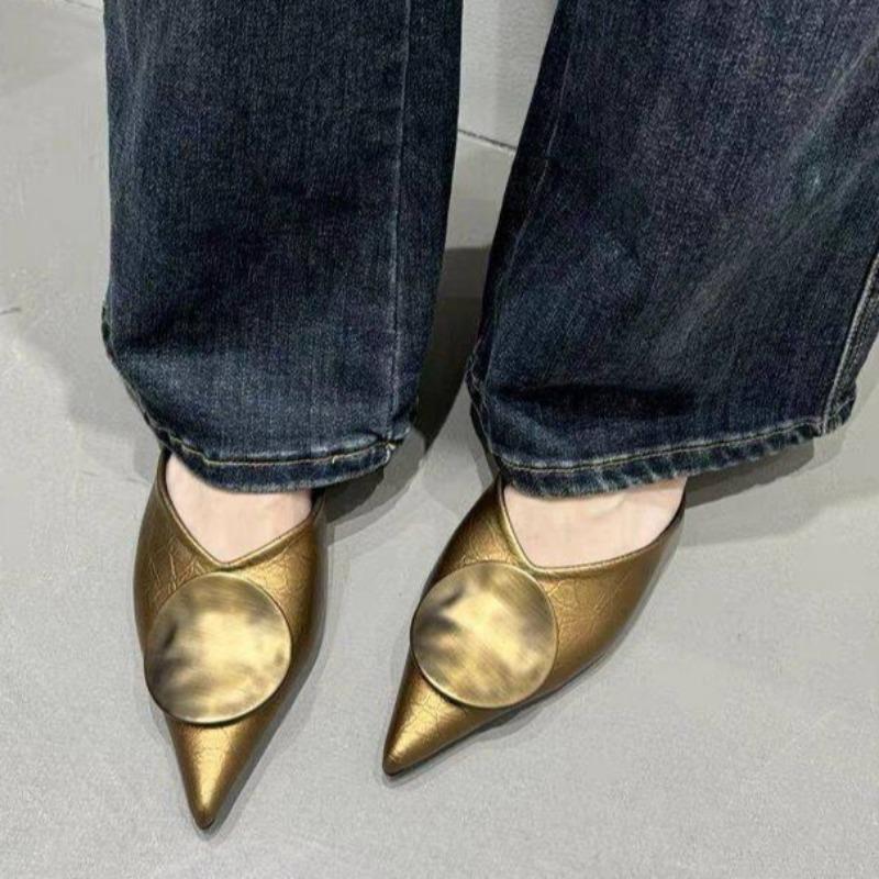 Баотоу Плоские сандалии Весна Новые Остроносые Мелкий вырез Металлическая пряжка Мягкая подошва Противоскользящие Износостойкие Шлепанцы