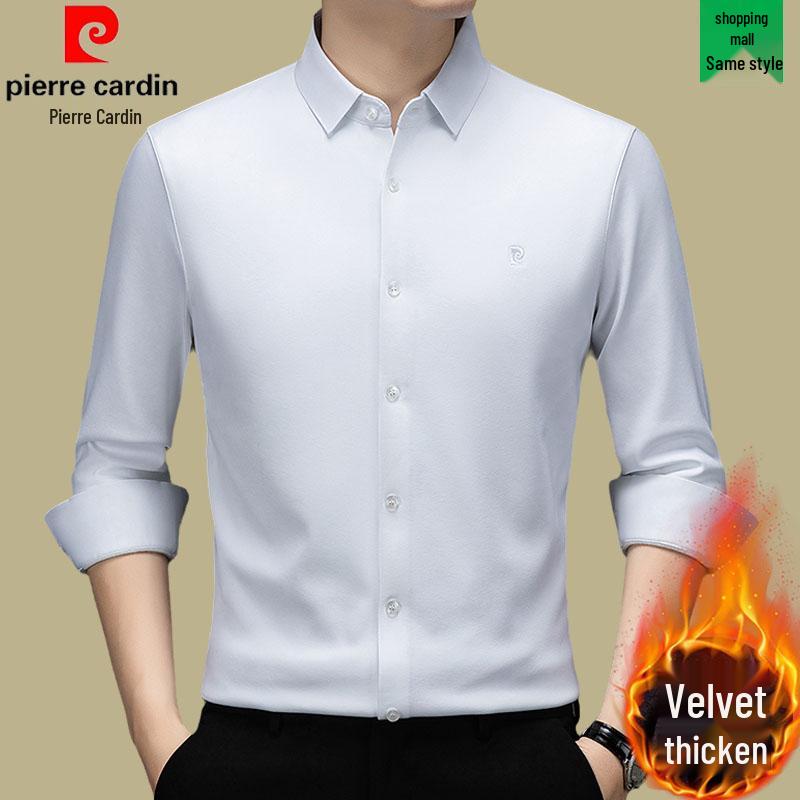 Мужская рубашка Pierre Cardin с длинным рукавом из шелка-тусса (mulberry silk) - Не требует глажки, С начесом, Высококачественный business casual для осени/зимы