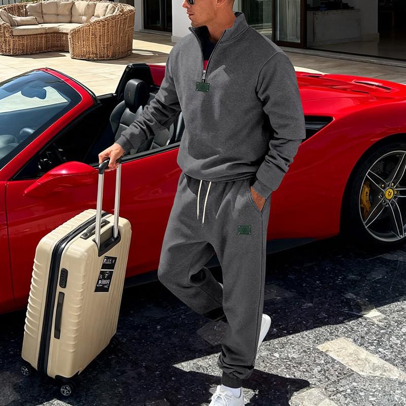 Mens Winter Thickened Fleece-Lined Casual Hoodless Jacket Pants Set Loose Fit Urban Style