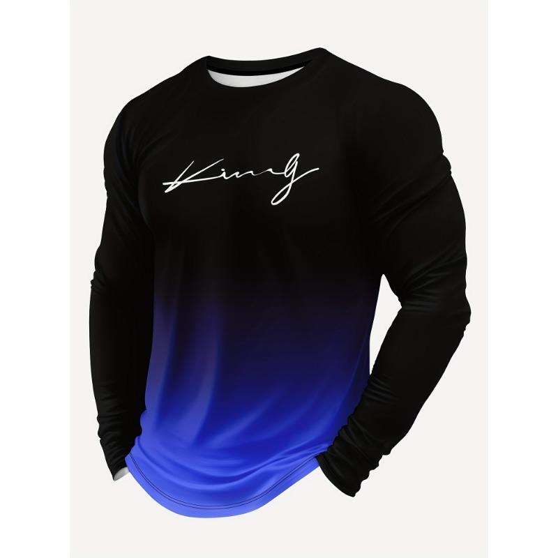 Men's Letters Print Gradient Color Long Sleeve Crew Neck T-shirt, Casual Comfy Tee As Gift