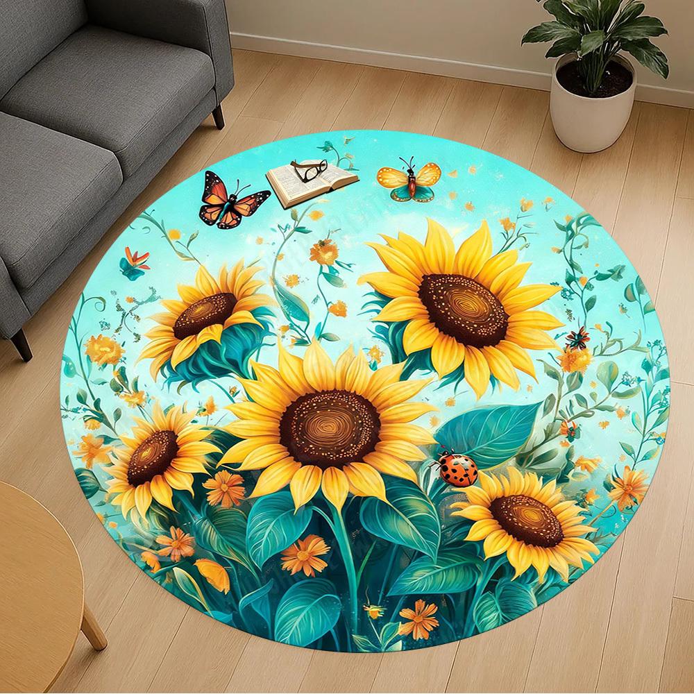 1PC sunflowers butterflies Office Round Area Rug, Under Office Chairs Bedroom Living Room Home Decor, Carpet for Office -1110095